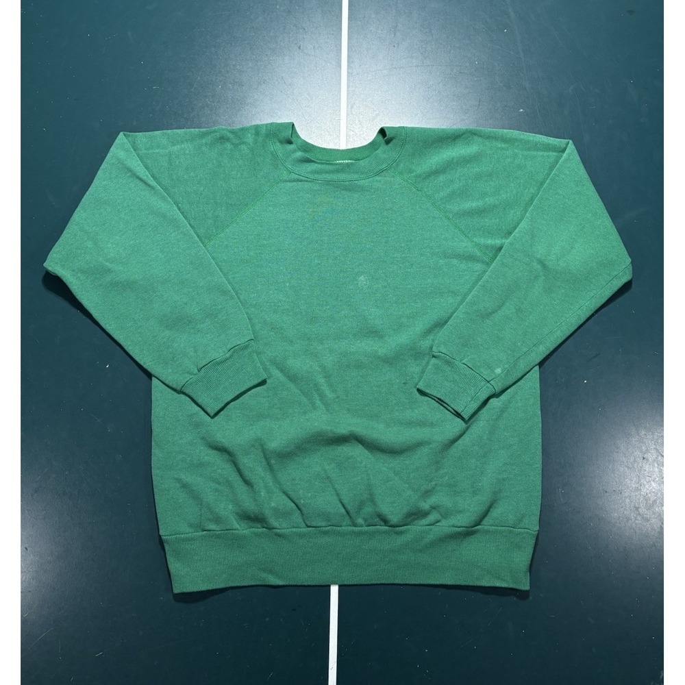 Vintage 80s Hanes Raglan Crewneck Sweatshirt Mens Large Blank Green Pullover USA